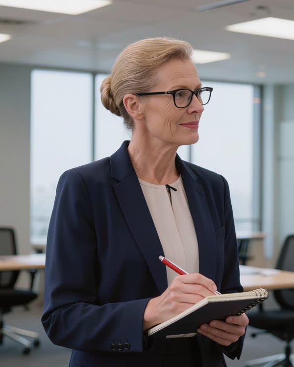 Madame Qualité : la cinquantaine, chignon blond, lunettes noires, blazer bleu marine, carnet et stylo rouge