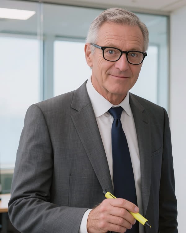 Monsieur Qualité : la cinquantaine, cheveux gris, lunettes noires, costume gris, cravate bleu marine, surligneur jaune